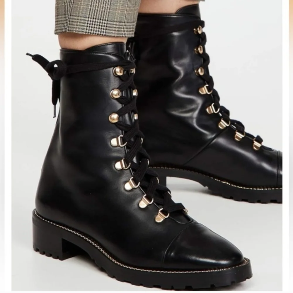 Stuart Weitzman Black Combat Boots with Gold Accents - Picture 1 of 4